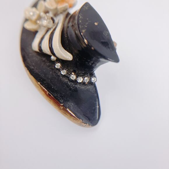 VTG Signed BSK My Fair Lady Hat Brooch 60s Rhinestones Enamel 22k Gold Plated - Picture 5 of 10